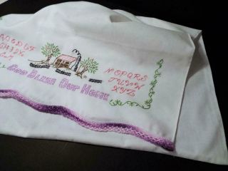 God Bless Our Home Single Pillowcase Embroidered Sampler Purple Edge Crochet Vtg