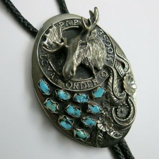 Vintage Loyal Order Of Moose Bolo Tie With Turquoise Southwest [4662]