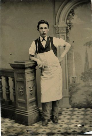 Antique Occupational Tintype Photo Portrait Of A Handsome Young Man In Apron