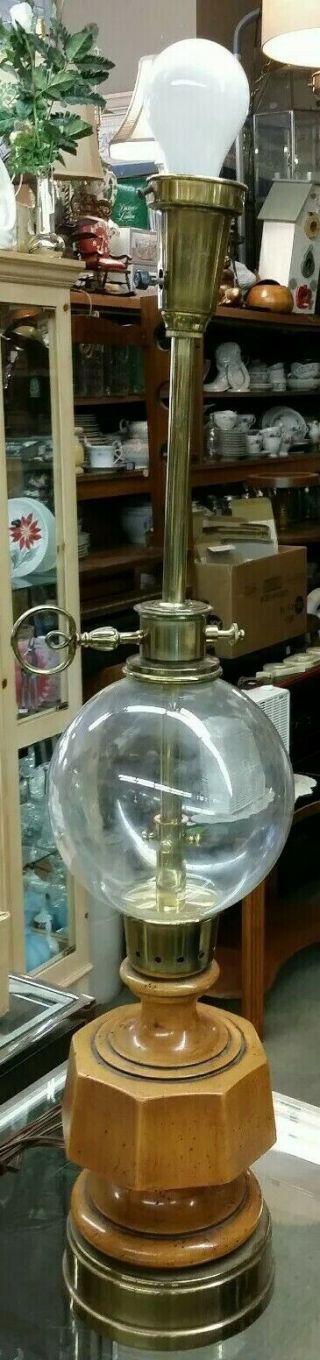 Vintage Stiffel Glass Globe Wood Brass Key Switch Torchier Table Lamp