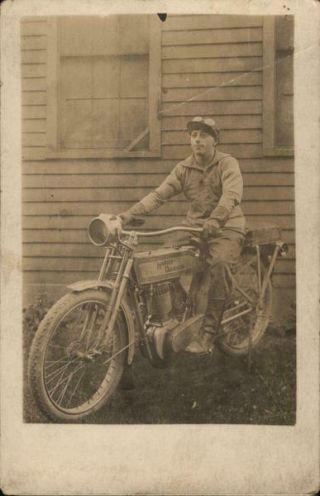 Motorcycle Rppc Man On Early 1900s Harley Davidson Real Photo Post Card Cyko