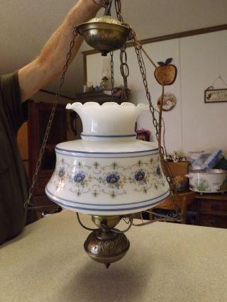 Vintage Blue Flowers Gone With The Wind Parlor Hurricane Ceiling Swag Lamp Light