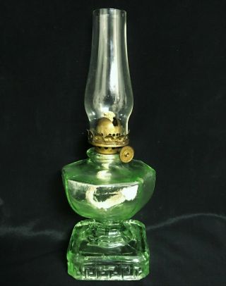 Antique Mini Vaseline Green Glass Miniature Oil Lamp Greek Key P&a Acorn Burner