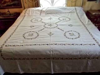 Vintage Hand Embroidered Cotton Queen Bedspread 2 Pillowcases 84x96 Coverlet
