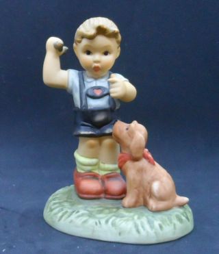 Vintage 2002 Hummel Goebel " Fetch " Boy With Dog And Stick Figurine 4 1/4 " Tall