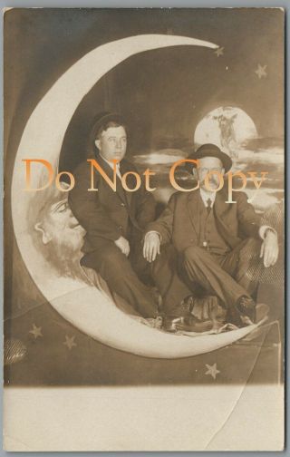2 Friendly Men On Paper Moon Kregal Studio Minnesota Mn Rppc Real Photo Postcard