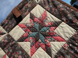 Tall Oak Chocolate Brown & Antique Rose Vintage Feathered Layered Stars Quilt