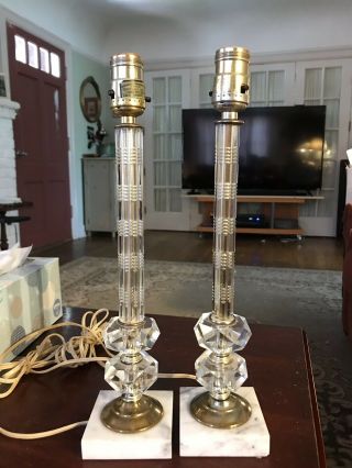 Pair Vintage Glass Crystal Candle Stick Lamps Boudoir Chic Shabby Style 15 - 16”