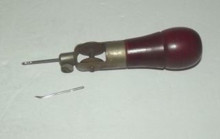 Vintage Wooden Handle Leather Punch With 2 Needles Patent 1905