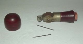 VINTAGE WOODEN HANDLE LEATHER PUNCH WITH 2 NEEDLES PATENT 1905 2