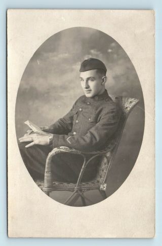 Handsome Us Wwi Soldier Posed W/ Letters In Aix - Les - Baines France - Photo Rppc