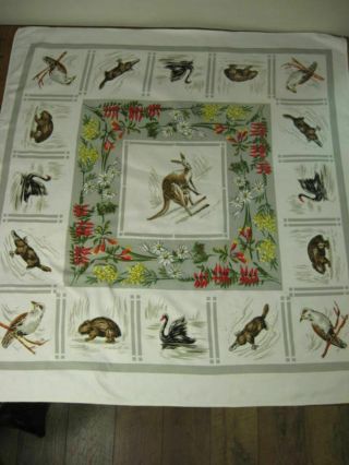 Vintage Australia Animal Flower Card Tablecloth Kangaroo Bark Cloth 34 " Square
