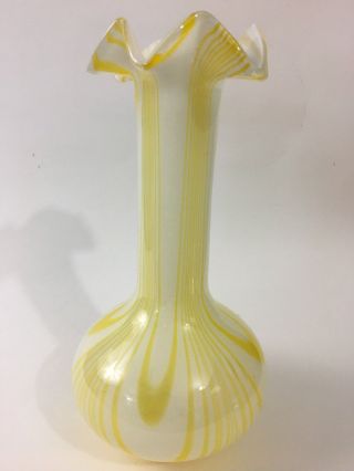 Vase Hand Blown Art Glass Vintage White Yellow Swirl Bud Ruffle Top Long Neck Mr