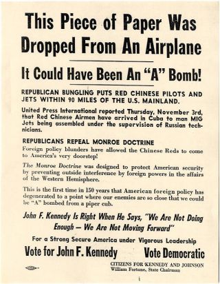 Odd 1960 Cold War Scare John F.  Kennedy Campaign Leaflet Dropped From Airplane