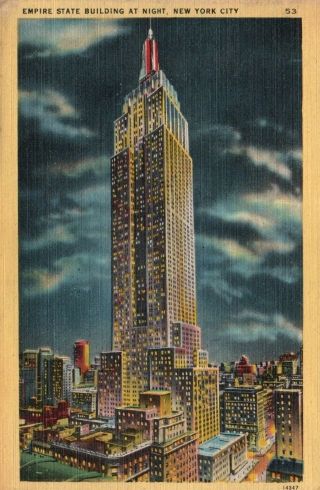 York City,  Ny,  Empire State Building At Night,  Linen Vintage Postcard G2458
