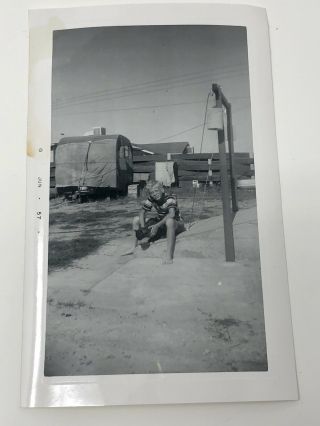 1957 Boy Sitting By A Camper W/ Big Black Cat Vintage Photo 3.  75 " X 6 "