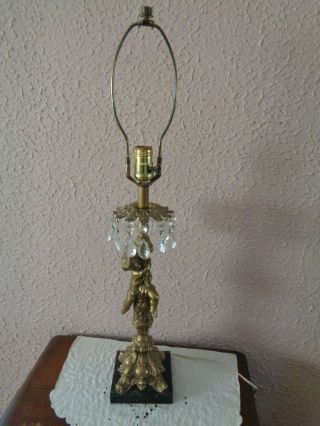 Vintage Metal Cherub Table Lamp Base W/ Crystal Prisms Hollywood Regency