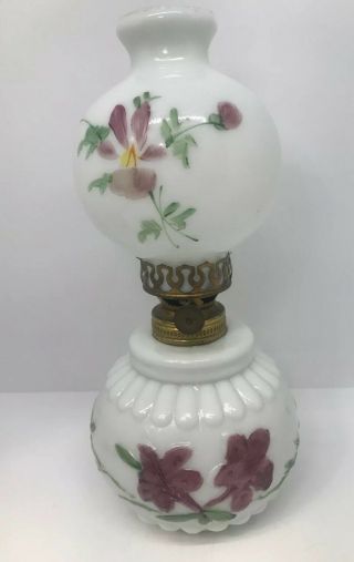 Antique Miniature Hand Painted Victorian Milk Glass Oil Lamp Miller Steller