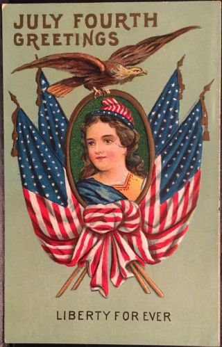 July 4th Greetings Columbia Four Usa Flags & American Eagle Liberty Forever