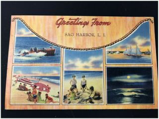 Linen Postcard Greetings From Sag Harbor L.  I.  1942 Long Island Ny