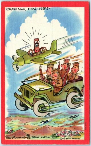 1943 Reg Manning Artist - Signed Postcard Travel Card 27 Airplane / Jeep Military