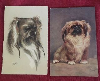 2 Pekingese Vintage Dog Postcards Signed Pekinois
