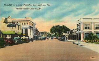 Linen Postcard Canal Street Looking West,  Smyrna Beach,  Florida Circa 1930s