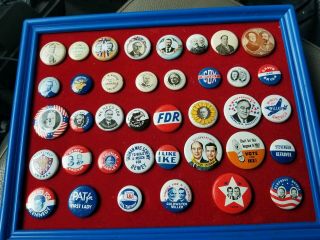 38 Vintage Presidential Campaign Buttons Pins In Frame Jfk Fdr Ike