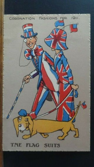 Reg Carter Comic Postcard: Coronation Fashions For 1911,  Dachshund & Flag Suits