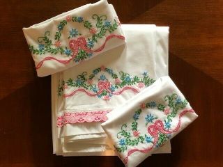 Vintage Hand Embroidered Twin Sheet Ribbon Flower Pink W/2 Matching Pillowcases
