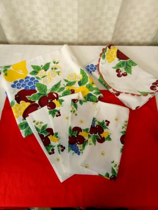 Vintage Cherries Tablecloth & 4 Matching Napkins In Matching Bag By Moda Home