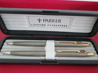 Parker Pen & Pencil Set Sterling Silver Cisele Iq 1990 Boxed Ford Logo Badge