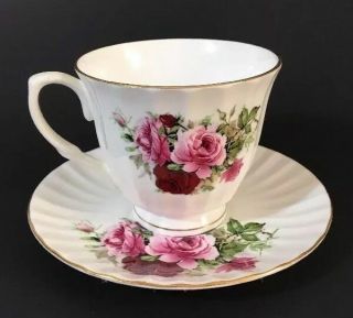 English Bone China Mayfair Tea Cup Saucer Set Red Pink Roses Staffordshire