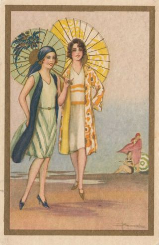 Art Deco ; Busi ; 2 Girls At Beach,  Parasols,  1910 - 30s