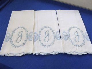3 Vintage Hand Embroidered Appliqued White Linen Hand Guest Towels Monogram J