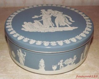 Blue White Tin Box Container Cherub People Design - 10 " / Jasperware Decorative
