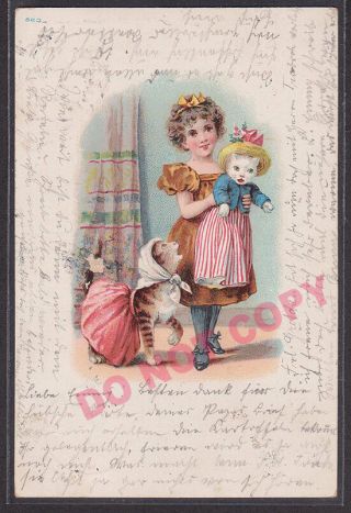 Antique 1901 German Litho Postcard Dressed Cat Kitten Doll Humanized