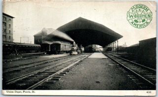 Peoria,  Illinois Postcard " Union Depot " Train Shed Railroad Depot 1908 Cancel