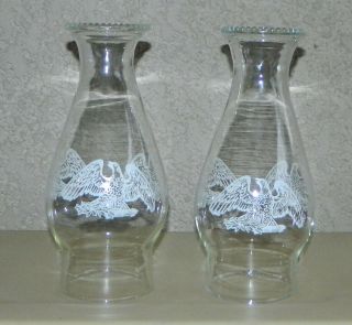 Two Clear Glass Eagles Hurricane Oil Lamp Shades Chimneys Beaded Top 8.  5 " H