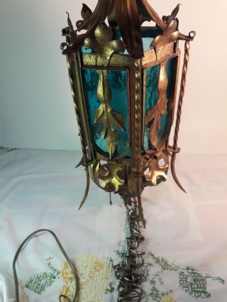 Vintage Hollywood Regency Gotchic Brass Blue Slag Glass Hanging Swag Lamp