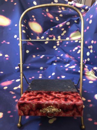 Antique Victorian Style Photo Album Stand Gold Tone Red Velvet With Drawer.
