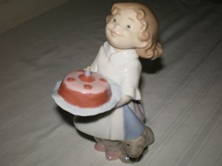 Nao 1484 Lladro Spain 6 " Porcelain Figurine Little Girl Birthday Cake Dog Puppy