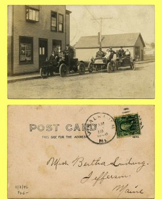 Sharp & Exc 1908 Real Photo Postcard,  Vinalhaven,  Maine Early Automobiles & Sign