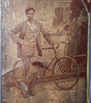 Rare Vintage Tintype Photo Of Young Man And His Bike
