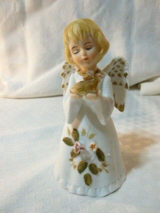Vintage Bisque Ceramic Angel Figurine Bell Holding A Bunny.  Enesco Mexico