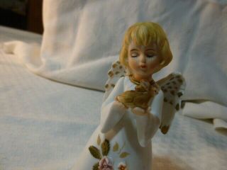 Vintage Bisque Ceramic Angel Figurine Bell holding a bunny.  Enesco Mexico 2