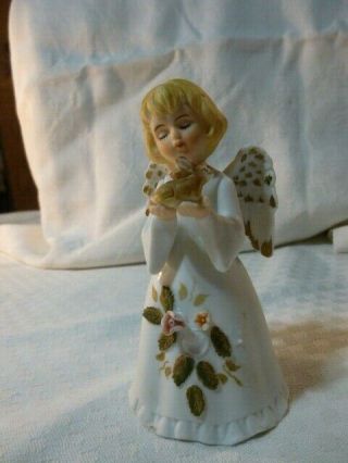 Vintage Bisque Ceramic Angel Figurine Bell holding a bunny.  Enesco Mexico 3