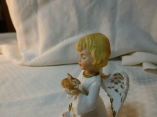 Vintage Bisque Ceramic Angel Figurine Bell holding a bunny.  Enesco Mexico 4