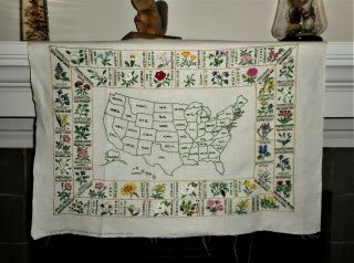 Vintage United States Us American Map Floral Finished Hand Embroidery Sampler
