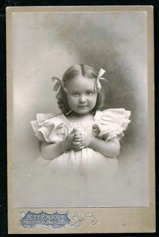 ANTIQUE CABINET PHOTO DARLING LITTLE GIRL w CLASPED HANDS & HAIR BOWS - CANADA 2
